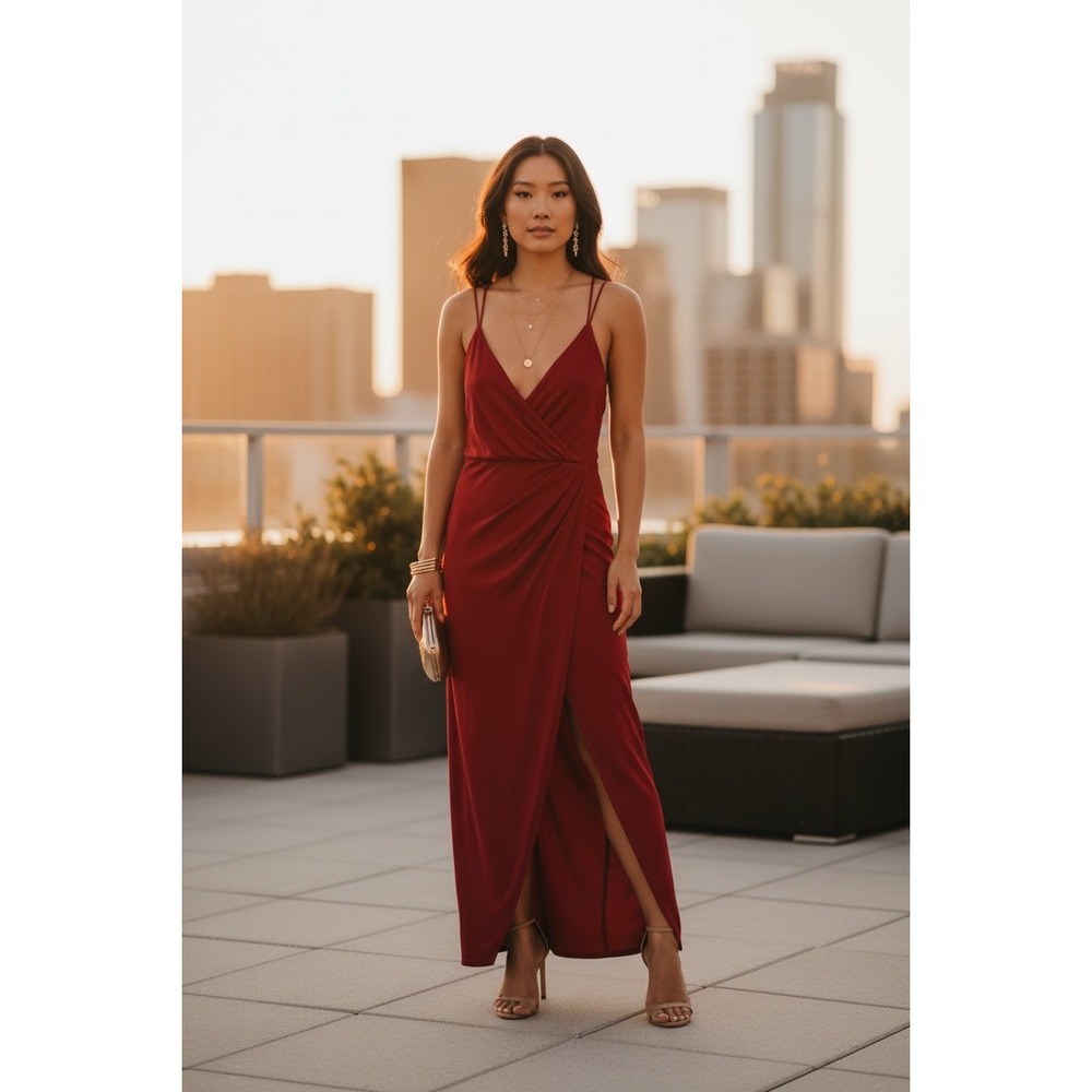 Bardot Wine Red Maxi Wrap Dress with Spaghetti Straps